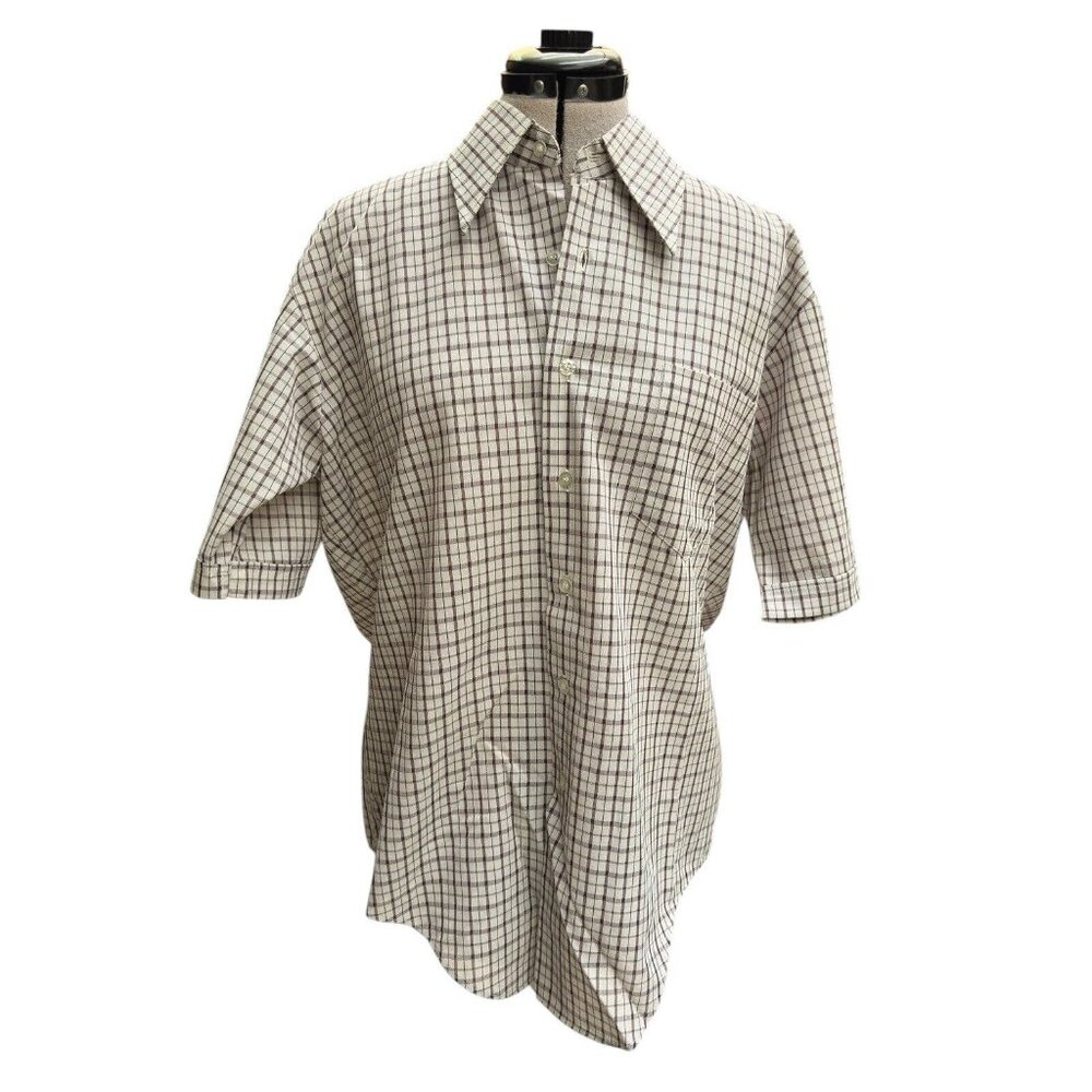 Vintage Kmart Men’s Plaid Dress Shirt Wrinkle Free 16.5 Short Sleeve Brown